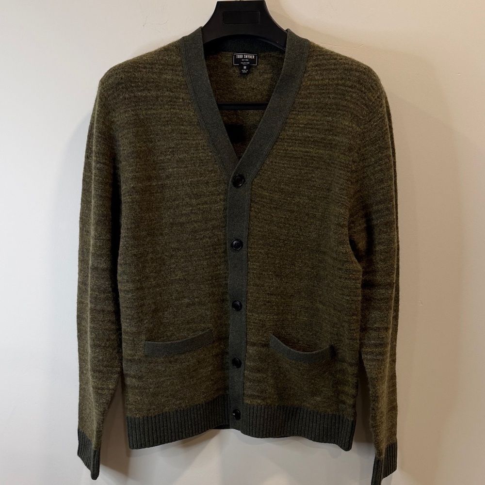 Todd Snyder Olive Green Wool Blend V-Neck Cardigan